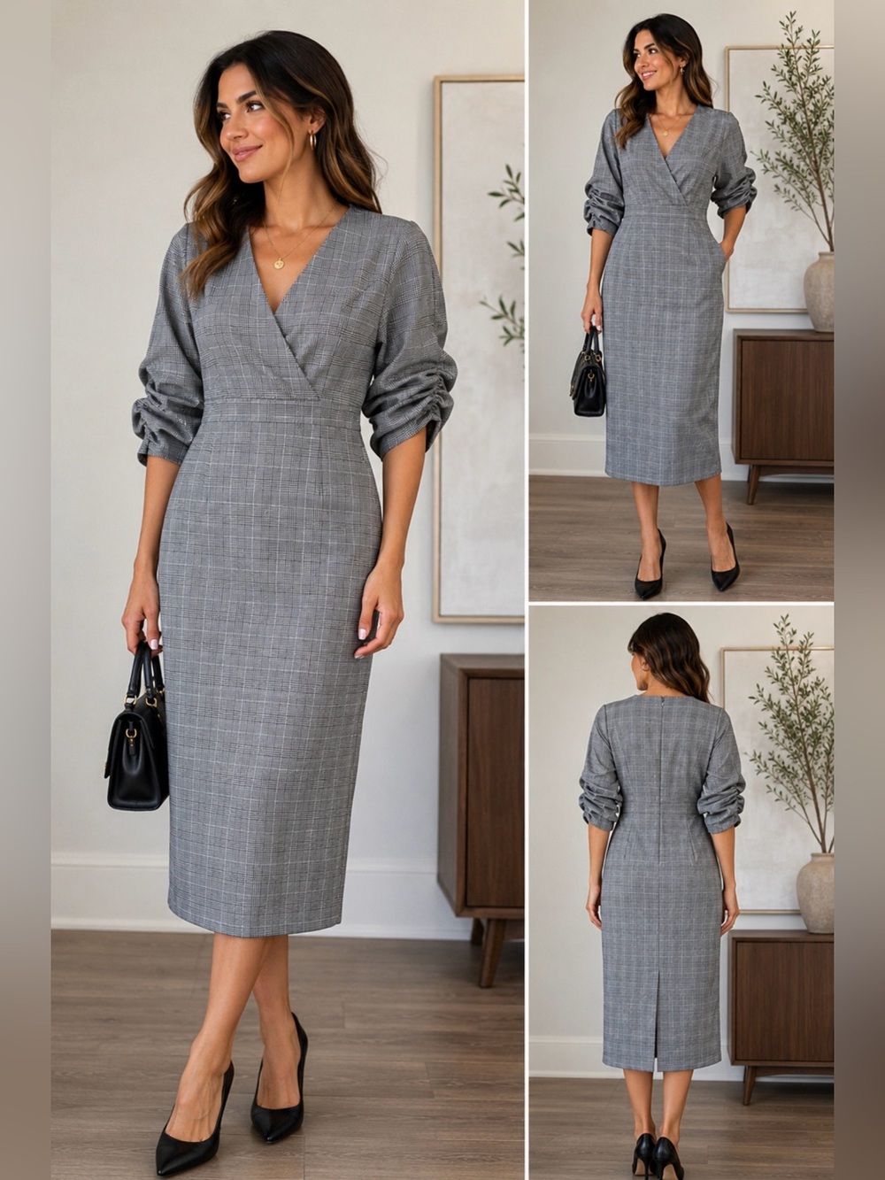 Zara Woman Gray Plaid Ruched Sleeve Midi Dress NWT Size L